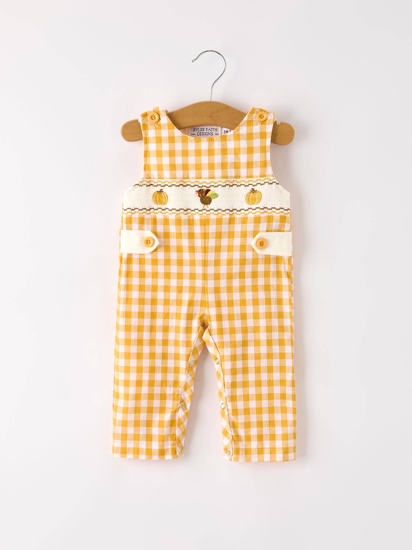 Autumn Thanksgiving Yellow Plaid Turkey Pumpkin Embroidery Smock Boys Romper