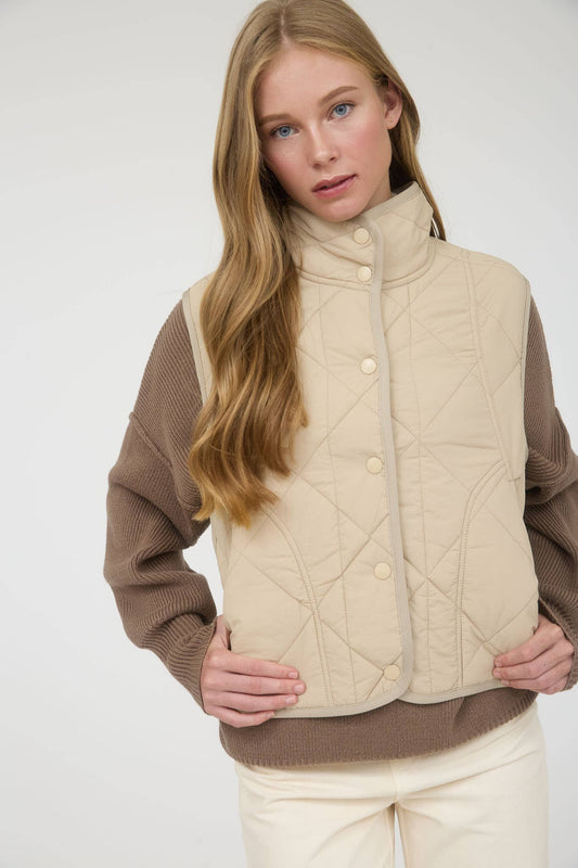 SNAP BUTTON QUILTED PUFFER VEST KHAKI
