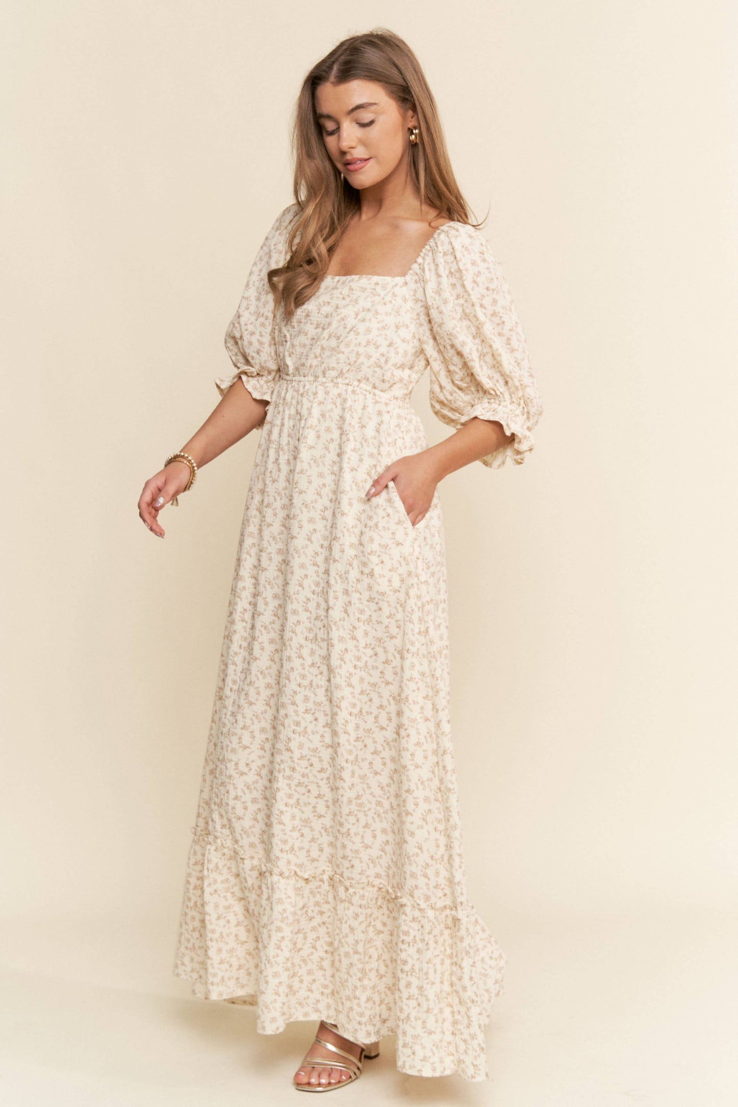 Floral Print Square Neckline Maxi Dress Neutral
