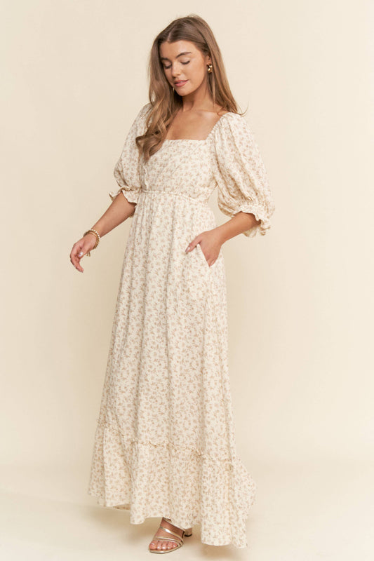 Floral Print Square Neckline Maxi Dress Neutral