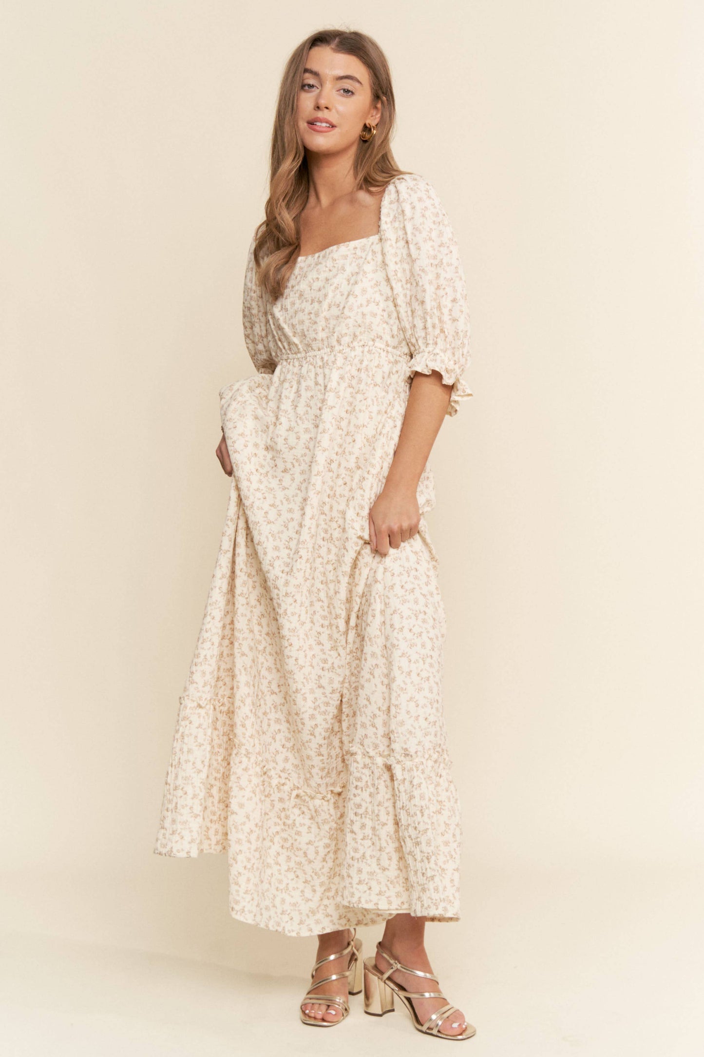 Floral Print Square Neckline Maxi Dress Neutral