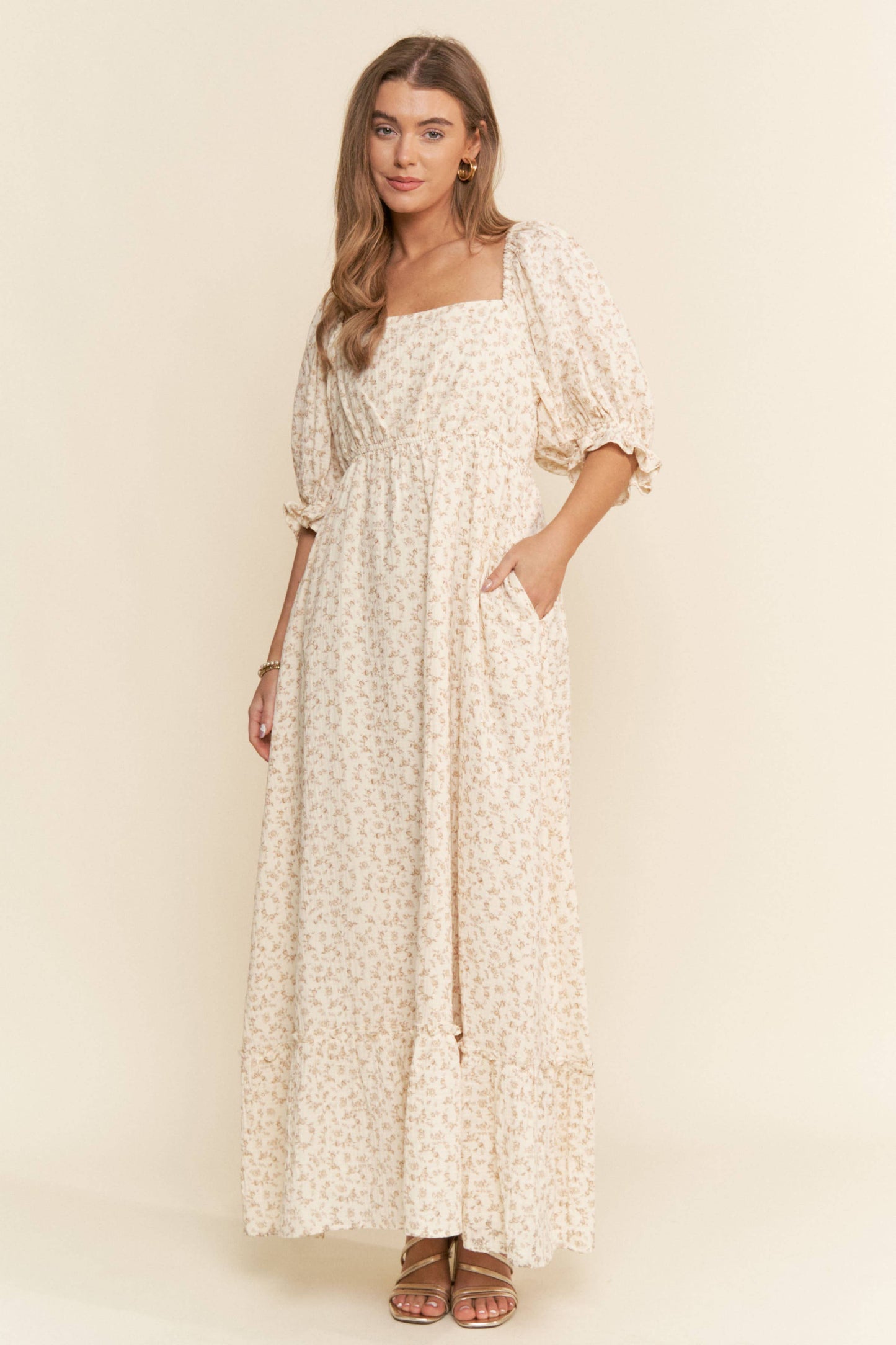 Floral Print Square Neckline Maxi Dress Neutral