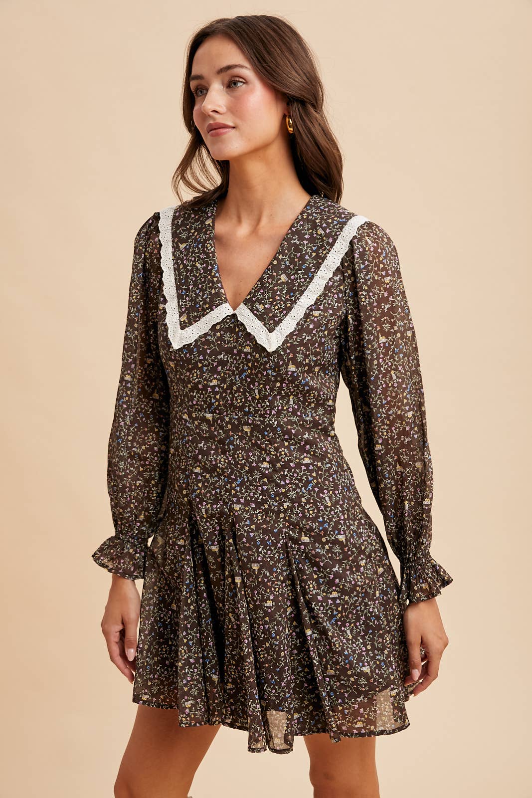 PETER PAN COLLAR FLARED MINI DRESS MOCHA