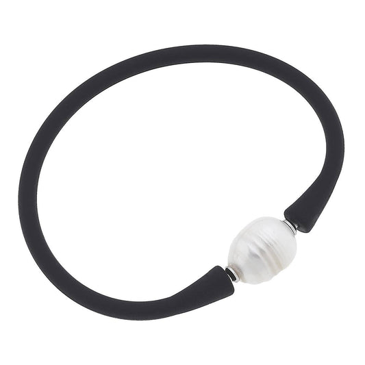 Canvas Style Bali Freshwater Pearl Silicone Bracelet: Black